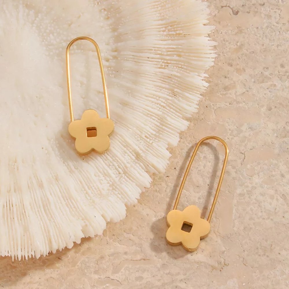 Gold Flower Safety Pin Hoop Earrings 18K Gold Plated - Picture 7 of 10